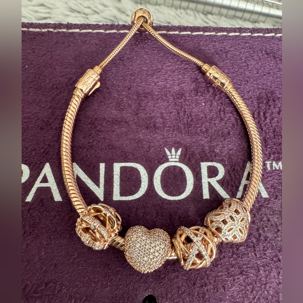 Pandora rose bolo with 4 beads pave heart lace heart bow and more